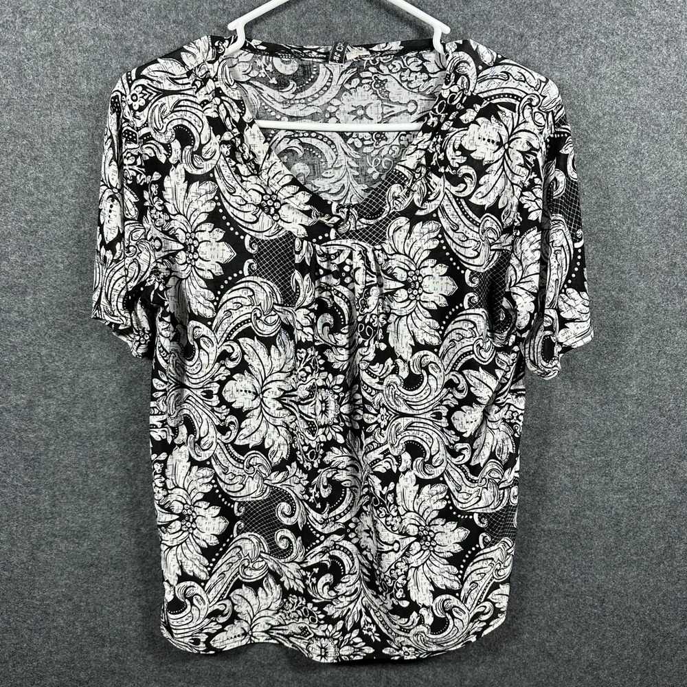 First Choice Womens Black White Damask Paisley V-Neck Short Sleeve Blouse Top XL